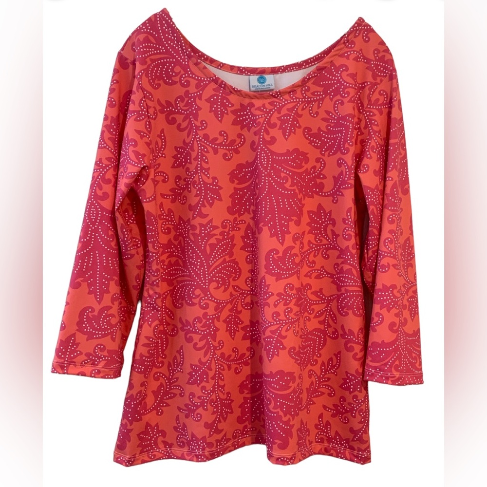 Beacon Hill Paige Top Pink Orange White 3/4 Sleeve Round Neck Wrinkle Free - XL